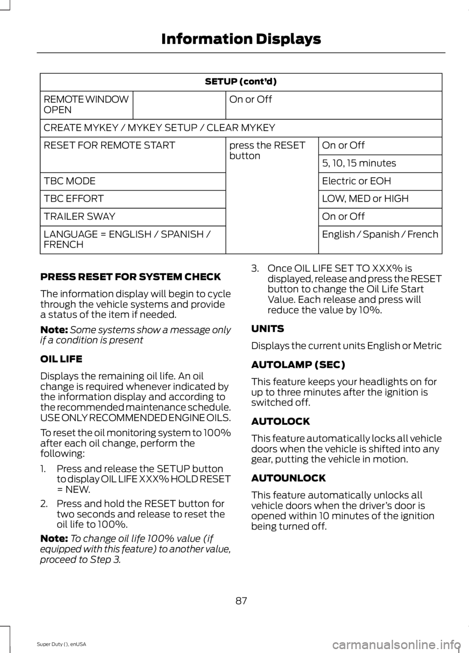 FORD F250 2015 Owners Manual SETUP (cont’
d)
On or Off
REMOTE WINDOW
OPEN
CREATE MYKEY / MYKEY SETUP / CLEAR MYKEY
On or Off
press the RESET
button
RESET FOR REMOTE START
5, 10, 15 minutes
Electric or EOH
TBC MODE
LOW, MED or H FORD F250 2015 Owners Manual SETUP (cont’
d)
On or Off
REMOTE WINDOW
OPEN
CREATE MYKEY / MYKEY SETUP / CLEAR MYKEY
On or Off
press the RESET
button
RESET FOR REMOTE START
5, 10, 15 minutes
Electric or EOH
TBC MODE
LOW, MED or H