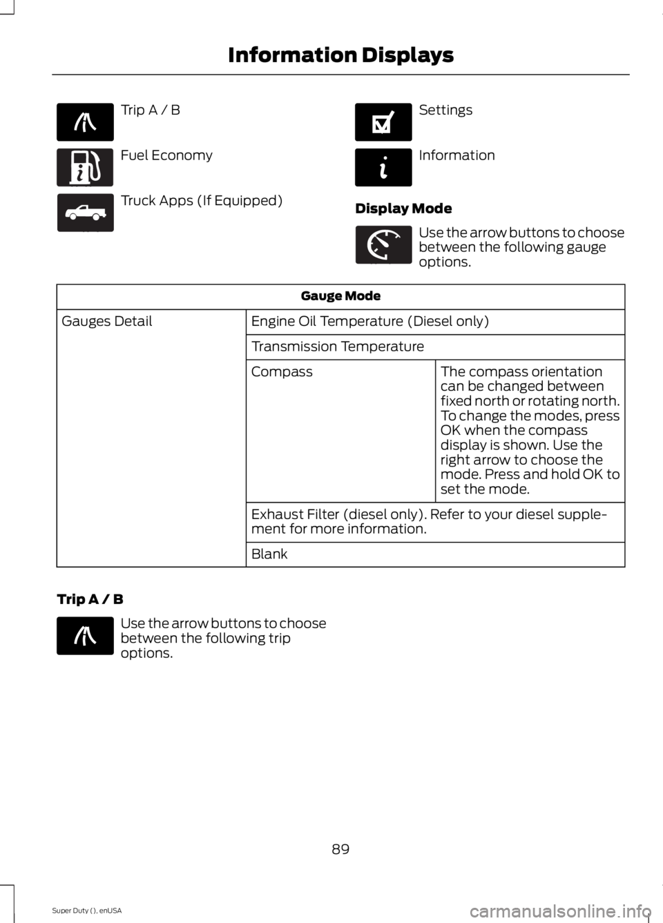 FORD F250 2015  Owners Manual Trip A / B
Fuel Economy
Truck Apps (If Equipped) Settings
Information
Display Mode Use the arrow buttons to choose
between the following gauge
options.
Gauge Mode
Engine Oil Temperature (Diesel only)
