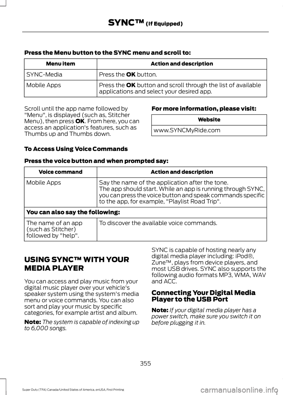 FORD F250 2016  Owners Manual Press the Menu button to the SYNC menu and scroll to:
Action and description
Menu item
Press the OK button.
SYNC-Media
Press the 
OK button and scroll through the list of available
applications and se