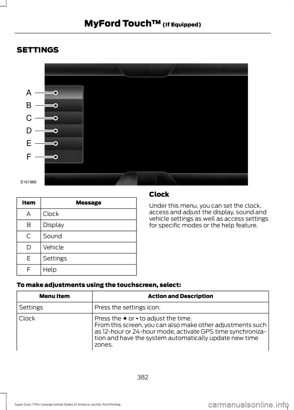 FORD F250 2016  Owners Manual SETTINGS
Message
Item
Clock
A
Display
B
Sound
C
Vehicle
D
Settings
E
Help
F Clock
Under this menu, you can set the clock,
access and adjust the display, sound and
vehicle settings as well as access se