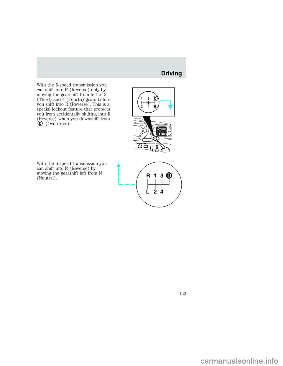 FORD F250 SUPER DUTY 1999  Owners Manual With the 5-speed transmission you
can shift into R (Reverse) only by
moving the gearshift from left of 3
(Third) and 4 (Fourth) gears before
you shift into R (Reverse). This is a
special lockout featu