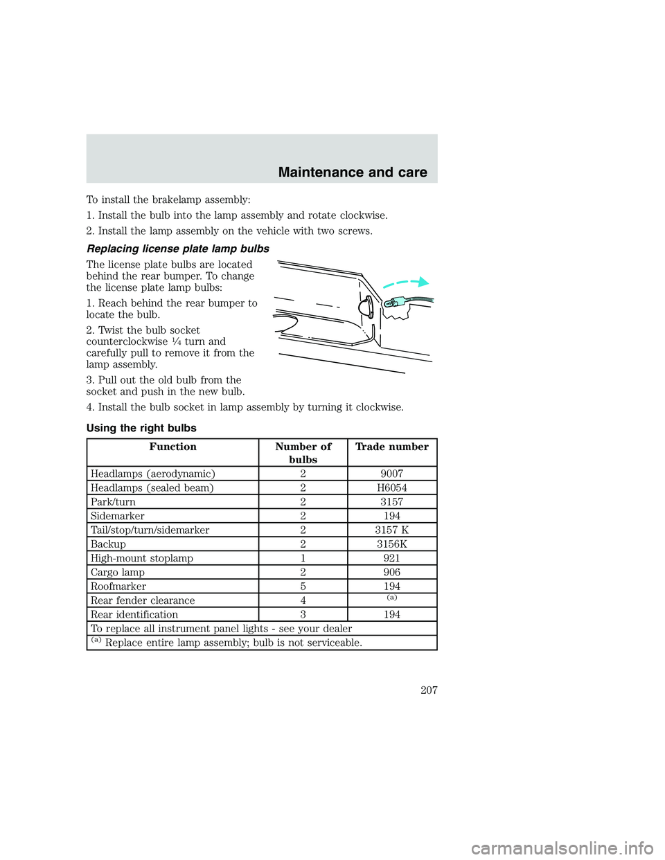 FORD F250 SUPER DUTY 1999 Owners Manual To install the brakelamp assembly:
1. Install the bulb into the lamp assembly and rotate clockwise.
2. Install the lamp assembly on the vehicle with two screws.
Replacing license plate lamp bulbs
The FORD F250 SUPER DUTY 1999 Owners Manual To install the brakelamp assembly:
1. Install the bulb into the lamp assembly and rotate clockwise.
2. Install the lamp assembly on the vehicle with two screws.
Replacing license plate lamp bulbs
The