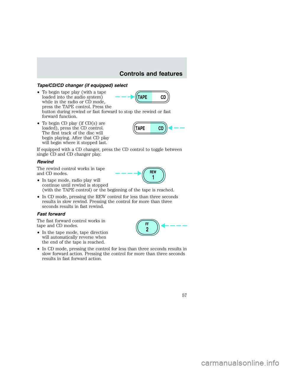 FORD F250 SUPER DUTY 1999 Owners Manual Tape/CD/CD changer (if equipped) select
•To begin tape play (with a tape
loaded into the audio system)
while in the radio or CD mode,
press the TAPE control. Press the
button during rewind or fast f FORD F250 SUPER DUTY 1999 Owners Manual Tape/CD/CD changer (if equipped) select
•To begin tape play (with a tape
loaded into the audio system)
while in the radio or CD mode,
press the TAPE control. Press the
button during rewind or fast f