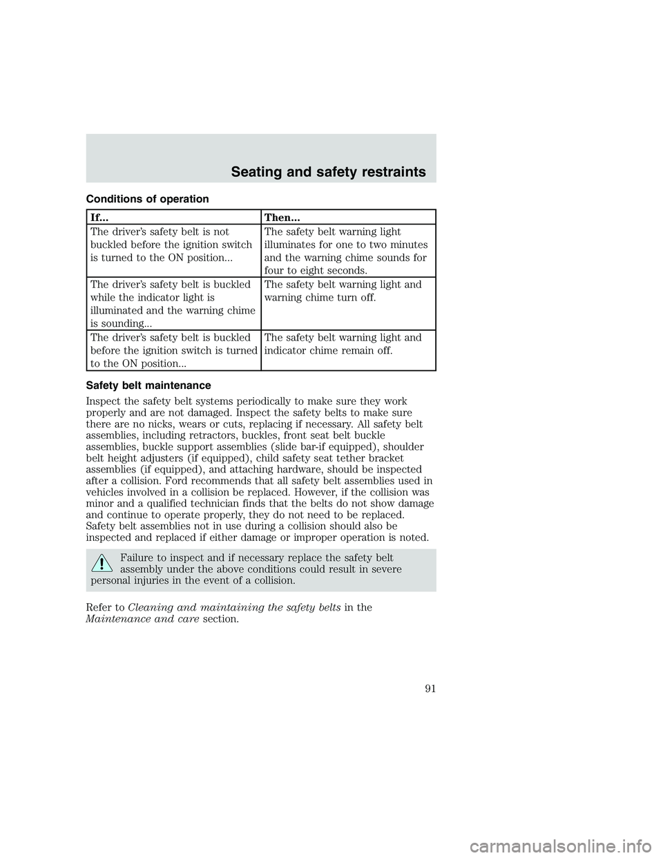 FORD F250 SUPER DUTY 1999 Owners Manual Conditions of operation
If... Then...
The driver’s safety belt is not
buckled before the ignition switch
is turned to the ON position...The safety belt warning light
illuminates for one to two minut FORD F250 SUPER DUTY 1999 Owners Manual Conditions of operation
If... Then...
The driver’s safety belt is not
buckled before the ignition switch
is turned to the ON position...The safety belt warning light
illuminates for one to two minut