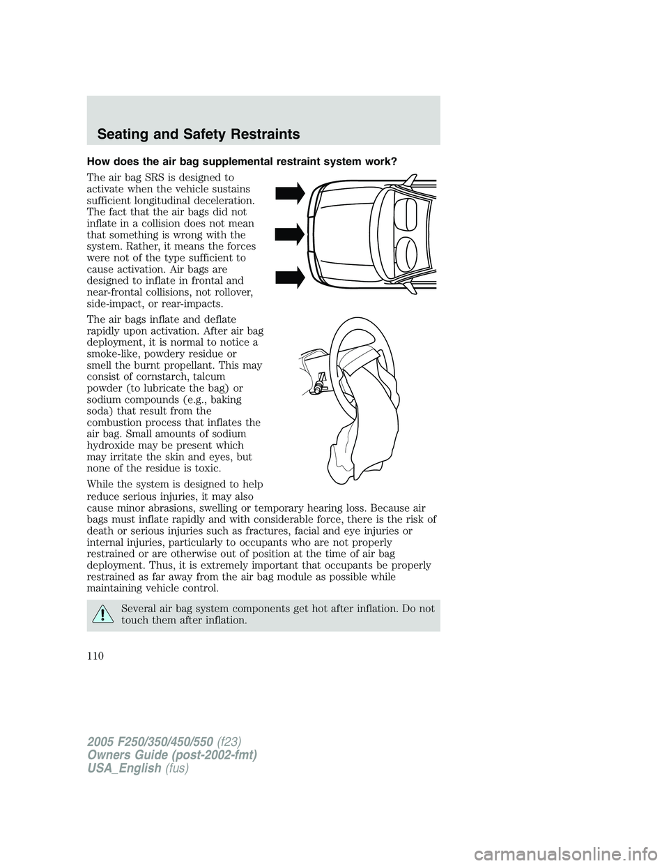 FORD F250 SUPER DUTY 2005 Owners Manual How does the air bag supplemental restraint system work?
The air bag SRS is designed to
activate when the vehicle sustains
sufficient longitudinal deceleration.
The fact that the air bags did not
infl FORD F250 SUPER DUTY 2005 Owners Manual How does the air bag supplemental restraint system work?
The air bag SRS is designed to
activate when the vehicle sustains
sufficient longitudinal deceleration.
The fact that the air bags did not
infl