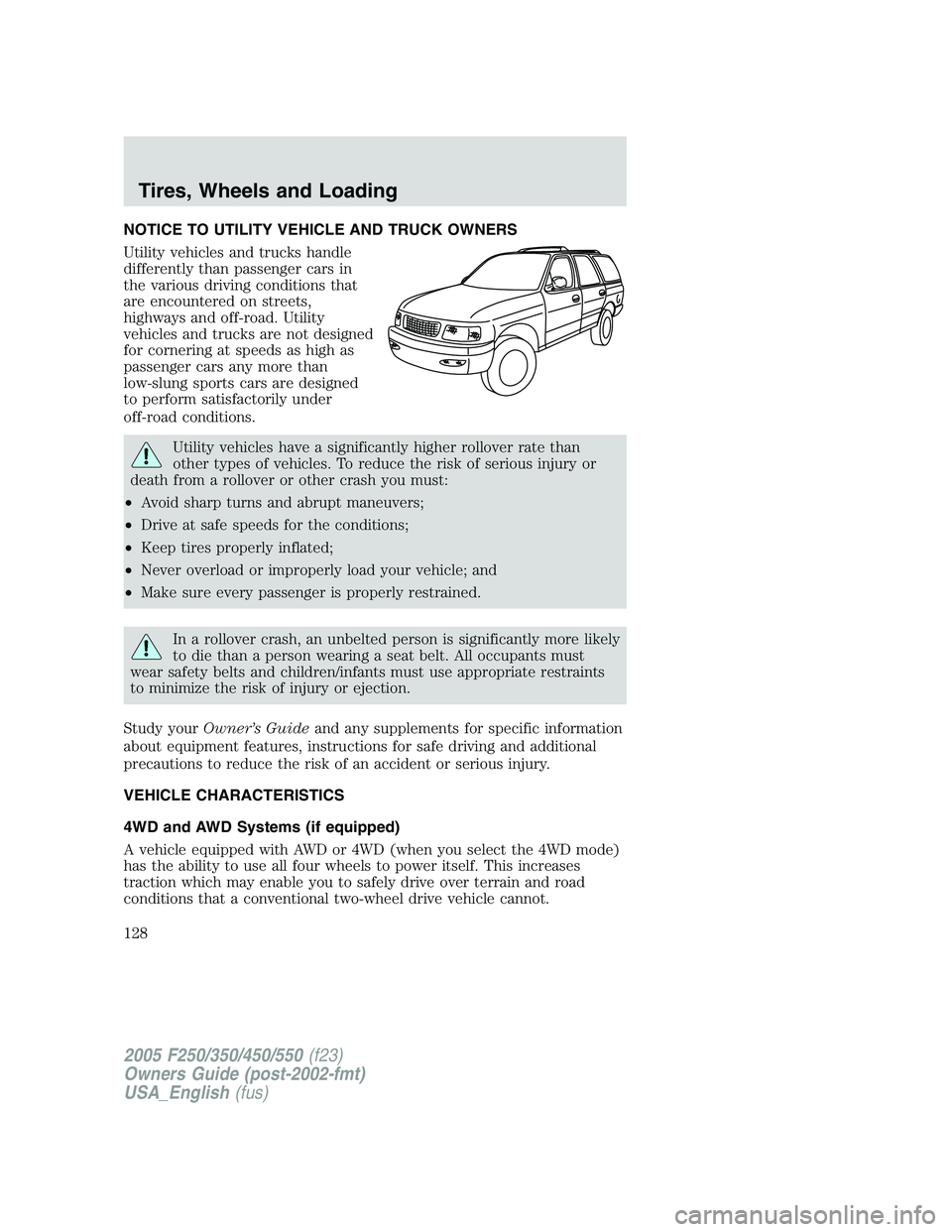 FORD F250 SUPER DUTY 2005 Owners Manual NOTICE TO UTILITY VEHICLE AND TRUCK OWNERS
Utility vehicles and trucks handle
differently than passenger cars in
the various driving conditions that
are encountered on streets,
highways and off-road. FORD F250 SUPER DUTY 2005 Owners Manual NOTICE TO UTILITY VEHICLE AND TRUCK OWNERS
Utility vehicles and trucks handle
differently than passenger cars in
the various driving conditions that
are encountered on streets,
highways and off-road.