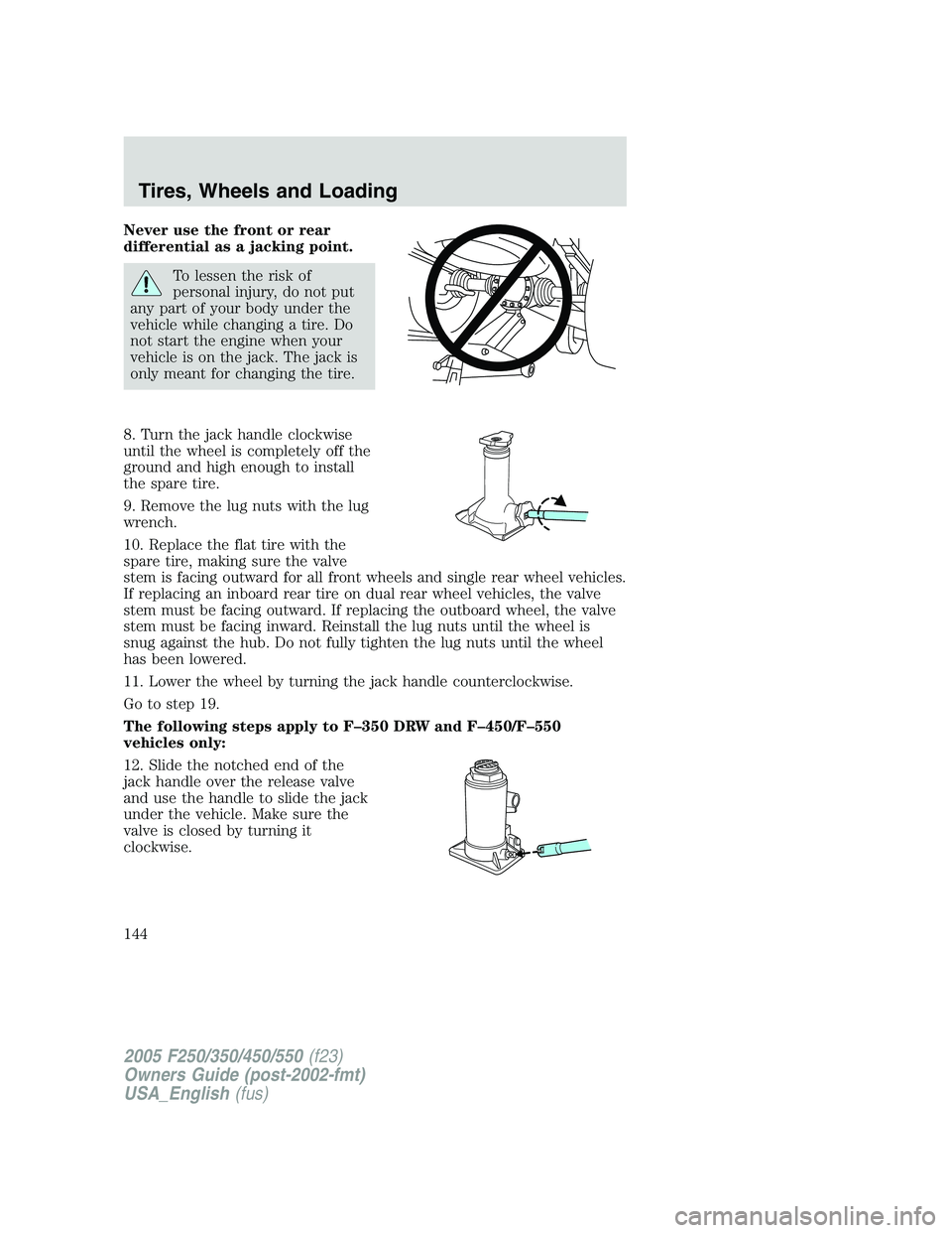 FORD F250 SUPER DUTY 2005 Owners Manual Never use the front or rear
differential as a jacking point.
To lessen the risk of
personal injury, do not put
any part of your body under the
vehicle while changing a tire. Do
not start the engine wh FORD F250 SUPER DUTY 2005 Owners Manual Never use the front or rear
differential as a jacking point.
To lessen the risk of
personal injury, do not put
any part of your body under the
vehicle while changing a tire. Do
not start the engine wh