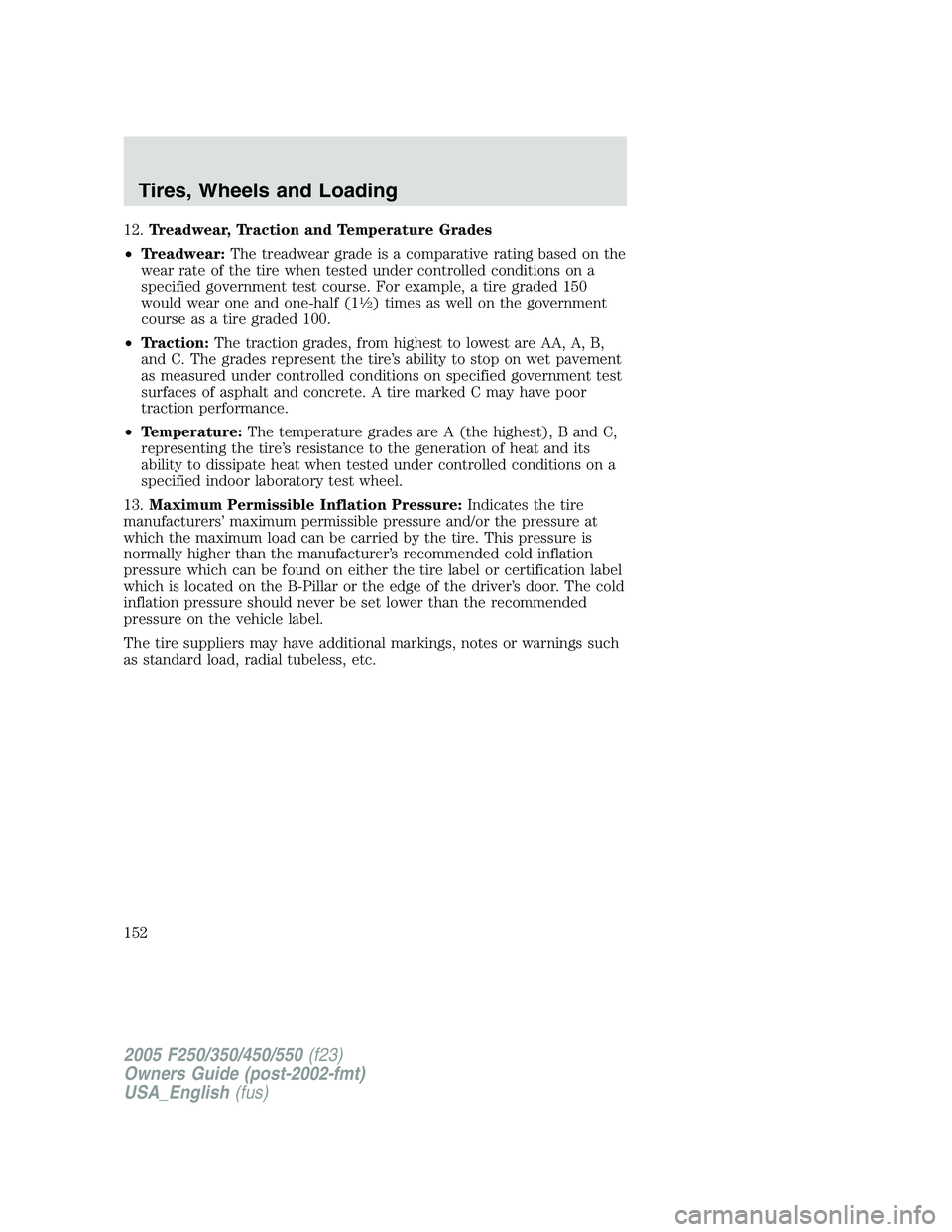 FORD F250 SUPER DUTY 2005 Owners Manual 12. Treadwear, Traction and Temperature Grades
• Treadwear: The treadwear grade is a comparative rating based on the
wear rate of the tire when tested under controlled conditions on a
specified gove FORD F250 SUPER DUTY 2005 Owners Manual 12. Treadwear, Traction and Temperature Grades
• Treadwear: The treadwear grade is a comparative rating based on the
wear rate of the tire when tested under controlled conditions on a
specified gove