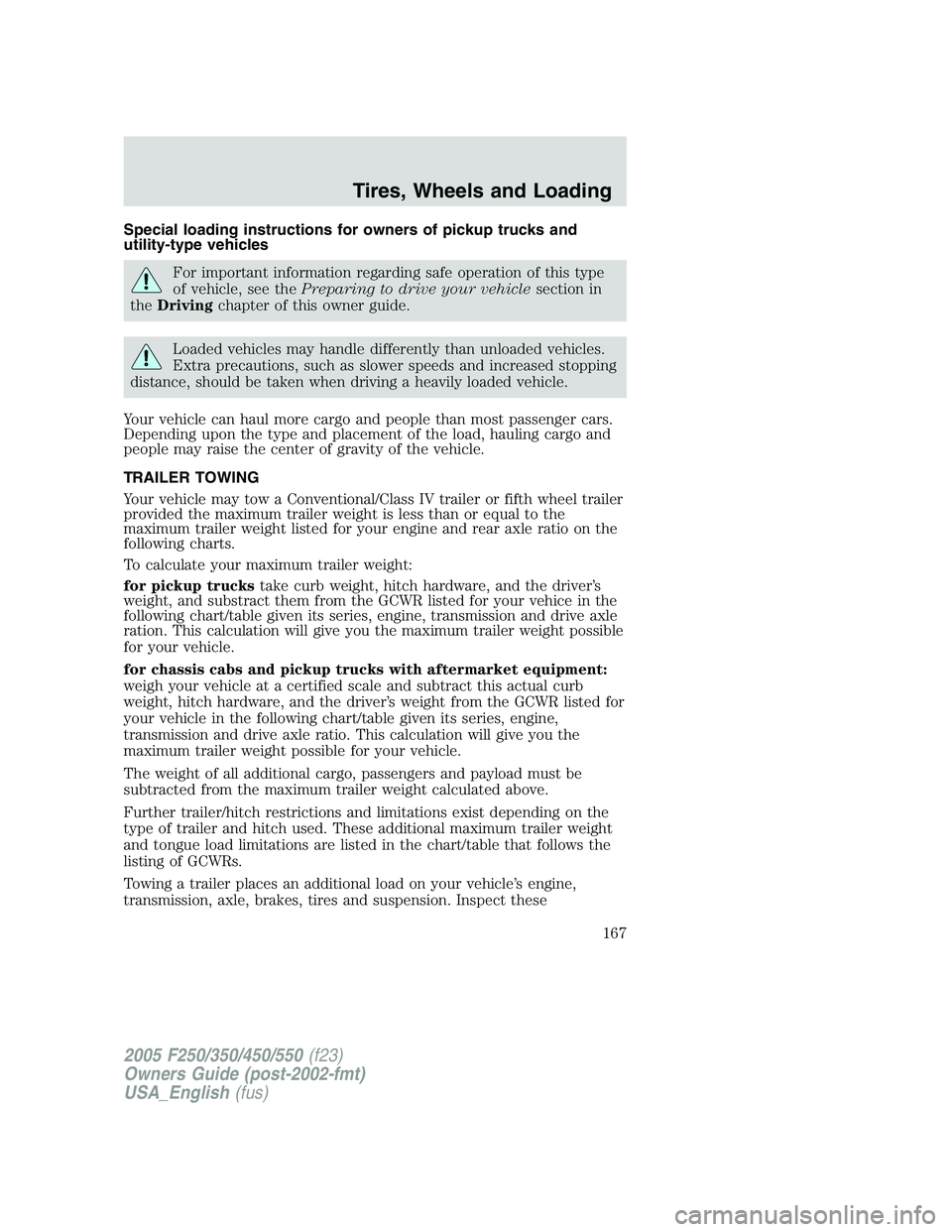 FORD F250 SUPER DUTY 2005 Owners Manual Special loading instructions for owners of pickup trucks and
utility-type vehicles
For important information regarding safe operation of this type
of vehicle, see the Preparing to drive your vehicle s FORD F250 SUPER DUTY 2005 Owners Manual Special loading instructions for owners of pickup trucks and
utility-type vehicles
For important information regarding safe operation of this type
of vehicle, see the Preparing to drive your vehicle s