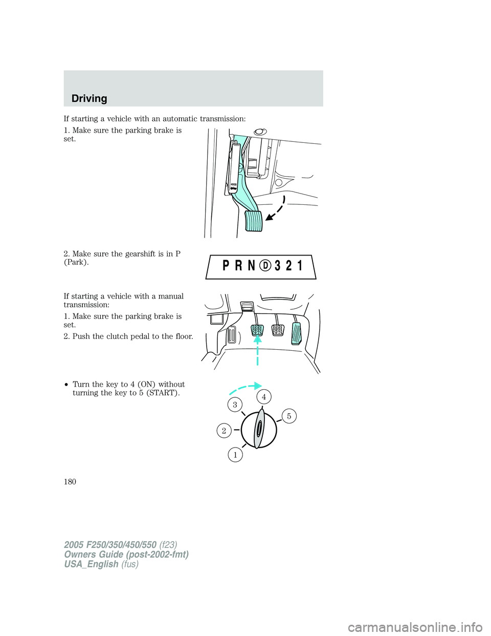 FORD F250 SUPER DUTY 2005  Owners Manual If starting a vehicle with an automatic transmission:
1. Make sure the parking brake is
set.
2. Make sure the gearshift is in P
(Park).
If starting a vehicle with a manual
transmission:
1. Make sure t