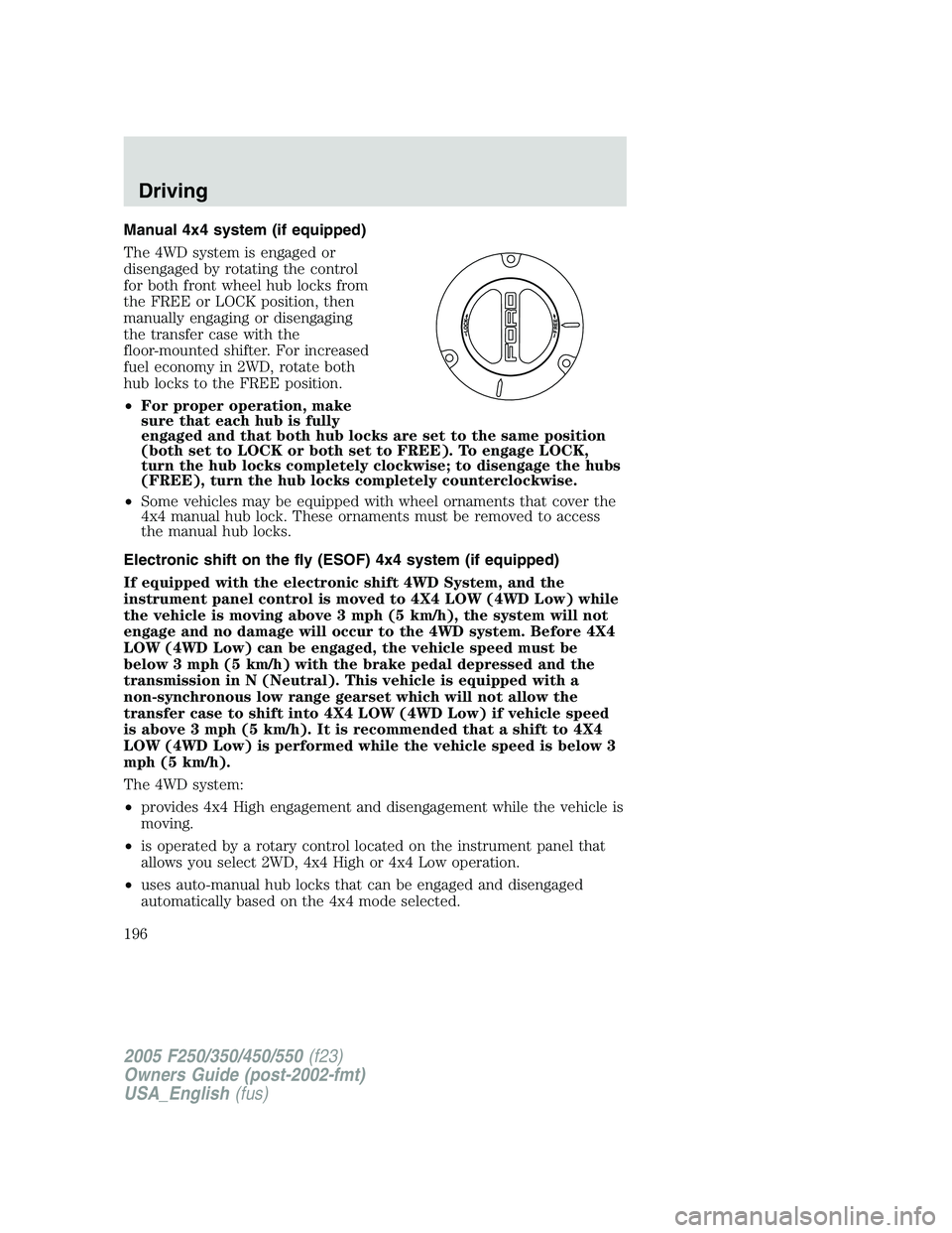 FORD F250 SUPER DUTY 2005 Owners Manual Manual 4x4 system (if equipped)
The 4WD system is engaged or
disengaged by rotating the control
for both front wheel hub locks from
the FREE or LOCK position, then
manually engaging or disengaging
the FORD F250 SUPER DUTY 2005 Owners Manual Manual 4x4 system (if equipped)
The 4WD system is engaged or
disengaged by rotating the control
for both front wheel hub locks from
the FREE or LOCK position, then
manually engaging or disengaging
the