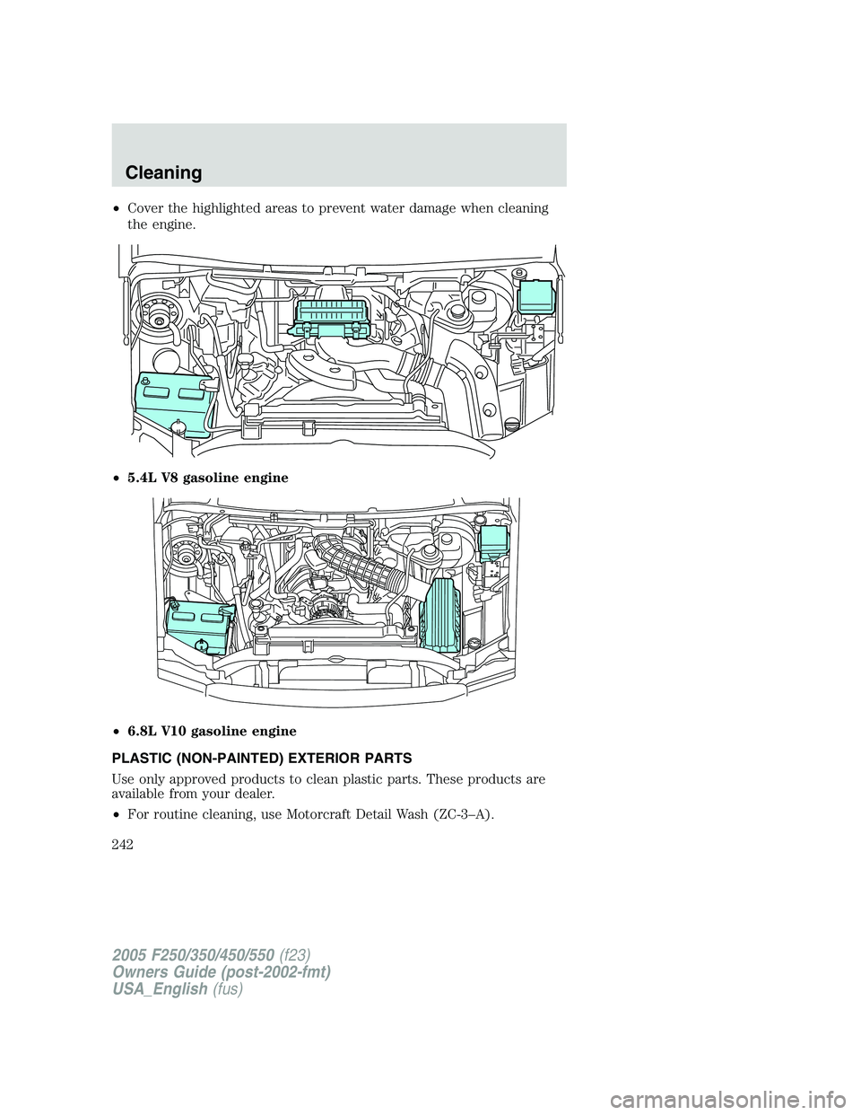 FORD F250 SUPER DUTY 2005  Owners Manual • Cover the highlighted areas to prevent water damage when cleaning
the engine.
• 5.4L V8 gasoline engine
• 6.8L V10 gasoline engine
PLASTIC (NON-PAINTED) EXTERIOR PARTS
Use only approved produc