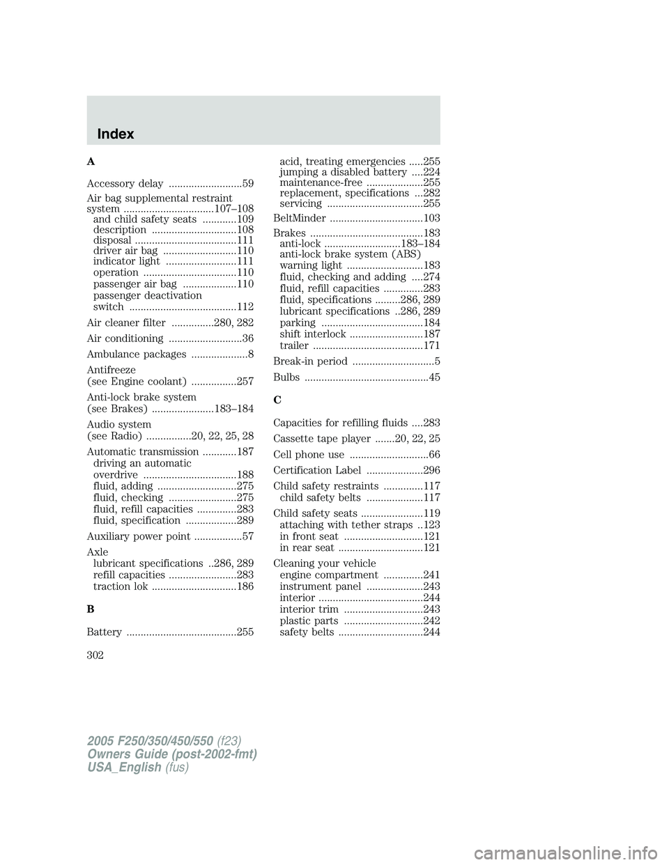 FORD F250 SUPER DUTY 2005 Owners Manual A
Accessory delay ..........................59
Air bag supplemental restraint
system ................................107–108
and child safety seats ............109
description ...................... FORD F250 SUPER DUTY 2005 Owners Manual A
Accessory delay ..........................59
Air bag supplemental restraint
system ................................107–108
and child safety seats ............109
description ......................