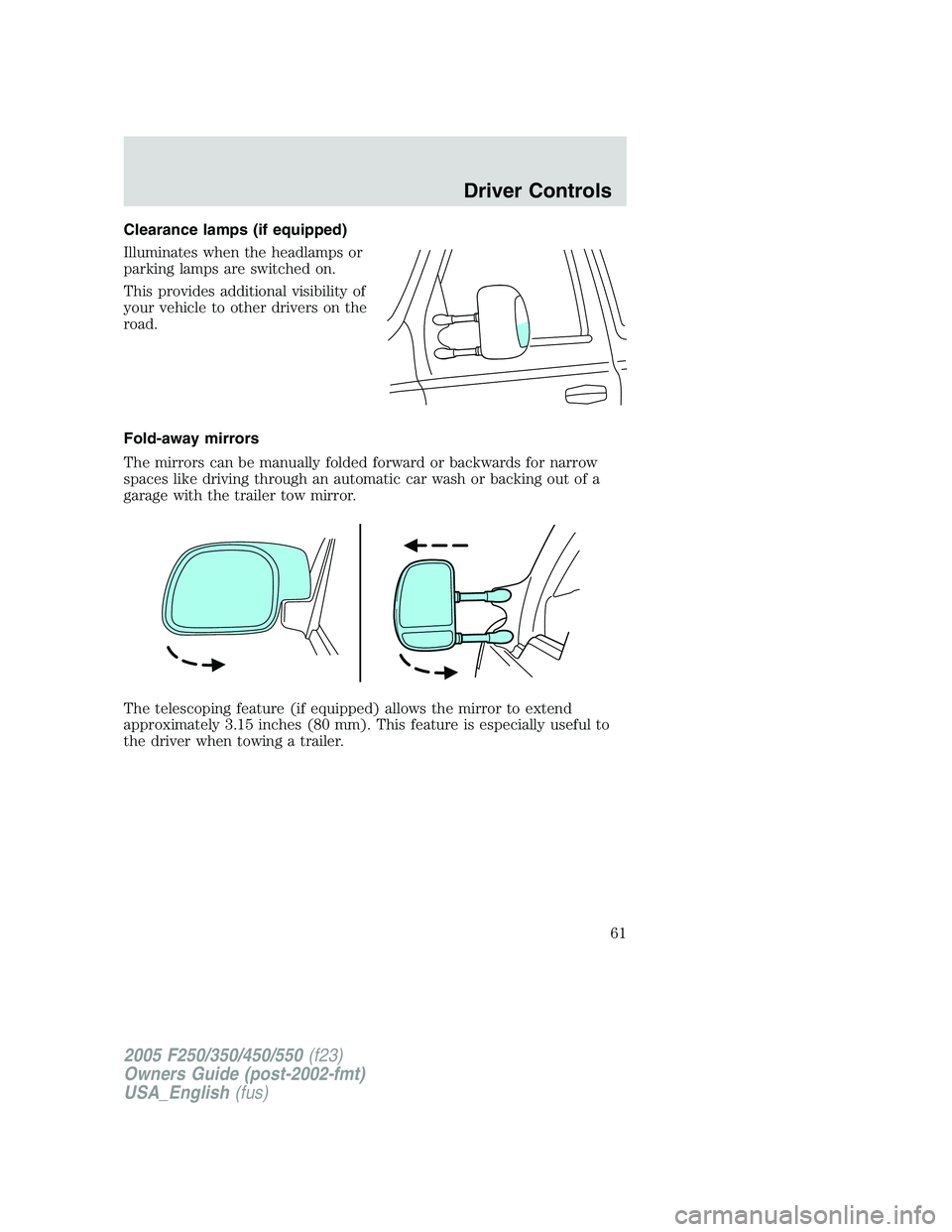 FORD F250 SUPER DUTY 2005  Owners Manual Clearance lamps (if equipped)
Illuminates when the headlamps or
parking lamps are switched on.
This provides additional visibility of
your vehicle to other drivers on the
road.
Fold-away mirrors
The m
