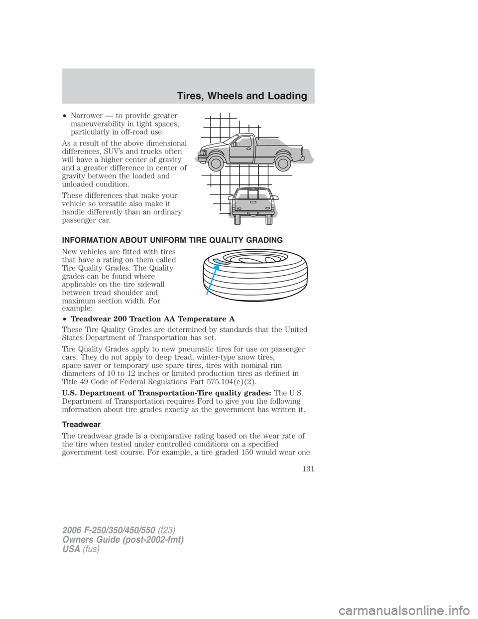 FORD F250 SUPER DUTY 2006 Owners Manual • Narrower — to provide greater
maneuverability in tight spaces,
particularly in off-road use.
As a result of the above dimensional
differences, SUV’s and trucks often
will have a higher center FORD F250 SUPER DUTY 2006 Owners Manual • Narrower — to provide greater
maneuverability in tight spaces,
particularly in off-road use.
As a result of the above dimensional
differences, SUV’s and trucks often
will have a higher center