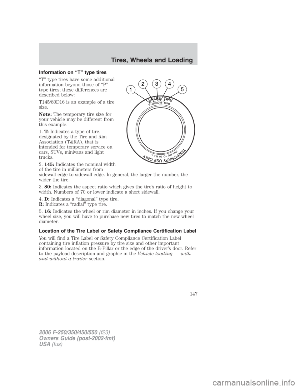 FORD F250 SUPER DUTY 2006 Owners Manual Information on “T” type tires
“T” type tires have some additional
information beyond those of “P”
type tires; these differences are
described below:
T145/80D16 is an example of a tire
size FORD F250 SUPER DUTY 2006 Owners Manual Information on “T” type tires
“T” type tires have some additional
information beyond those of “P”
type tires; these differences are
described below:
T145/80D16 is an example of a tire
size