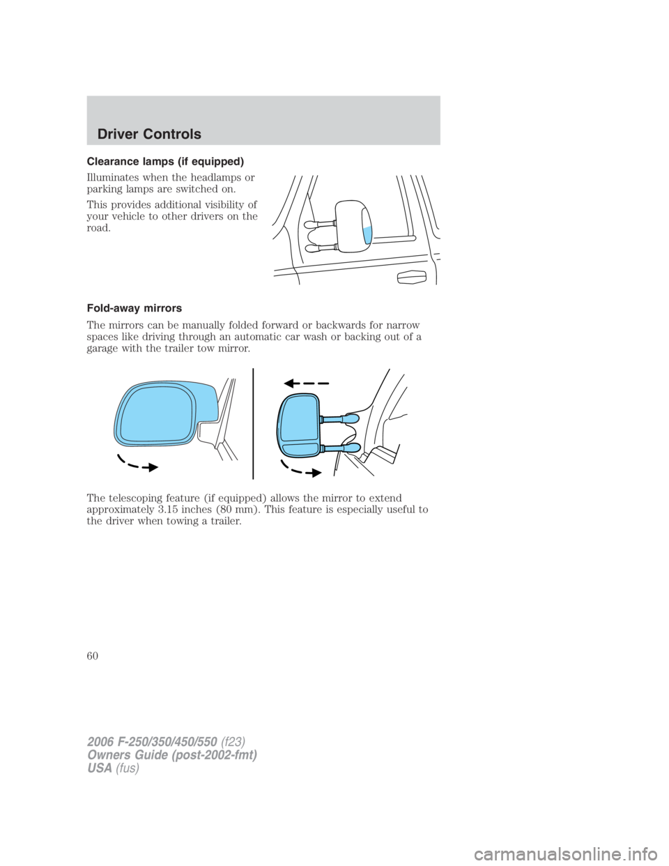 FORD F250 SUPER DUTY 2006  Owners Manual Clearance lamps (if equipped)
Illuminates when the headlamps or
parking lamps are switched on.
This provides additional visibility of
your vehicle to other drivers on the
road.
Fold-away mirrors
The m