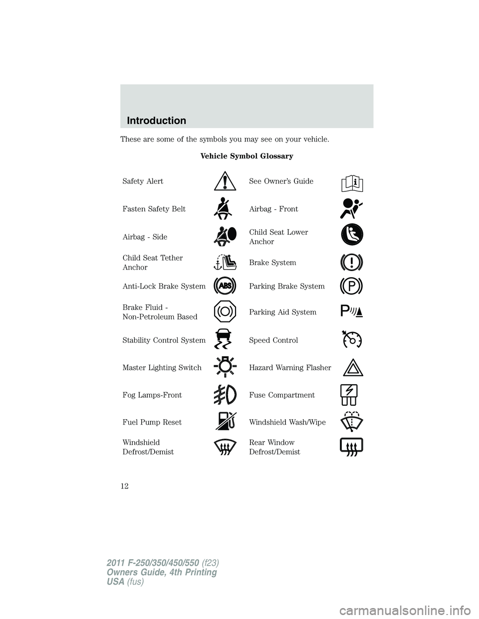 FORD F250 SUPER DUTY 2011  Owners Manual These are some of the symbols you may see on your vehicle.
Vehicle Symbol Glossary
Safety Alert See Owner’s Guide
Fasten Safety Belt Airbag - Front
Airbag - Side Child Seat Lower
Anchor
Child Seat T
