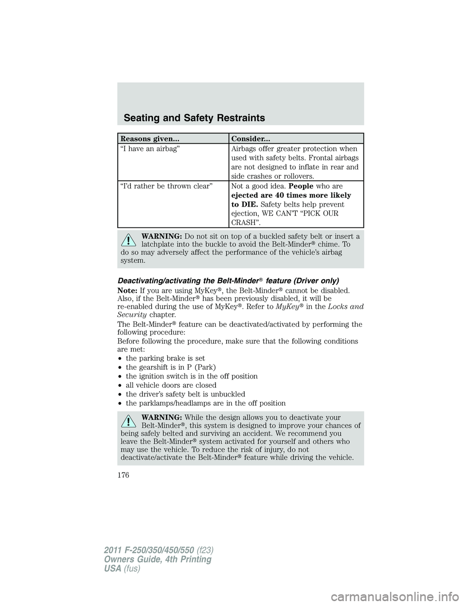 FORD F250 SUPER DUTY 2011 Owners Manual Reasons given... Consider...
“I have an airbag” Airbags offer greater protection when
used with safety belts. Frontal airbags
are not designed to inflate in rear and
side crashes or rollovers.
“ FORD F250 SUPER DUTY 2011 Owners Manual Reasons given... Consider...
“I have an airbag” Airbags offer greater protection when
used with safety belts. Frontal airbags
are not designed to inflate in rear and
side crashes or rollovers.
“