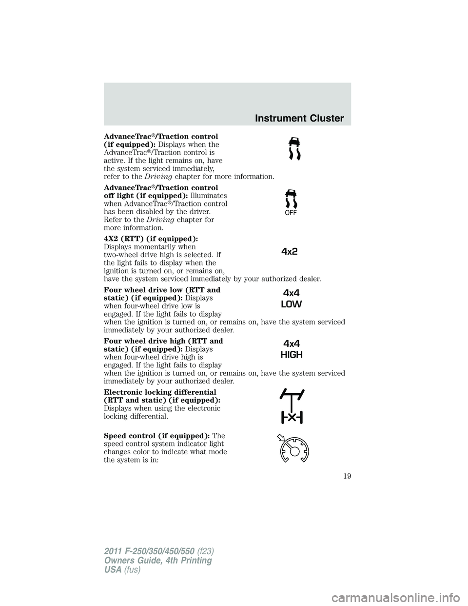 FORD F250 SUPER DUTY 2011 Owners Manual AdvanceTrac /Traction control
(if equipped): Displays when the
AdvanceTrac /Traction control is
active. If the light remains on, have
the system serviced immediately,
refer to the Driving chapter FORD F250 SUPER DUTY 2011 Owners Manual AdvanceTrac /Traction control
(if equipped): Displays when the
AdvanceTrac /Traction control is
active. If the light remains on, have
the system serviced immediately,
refer to the Driving chapter