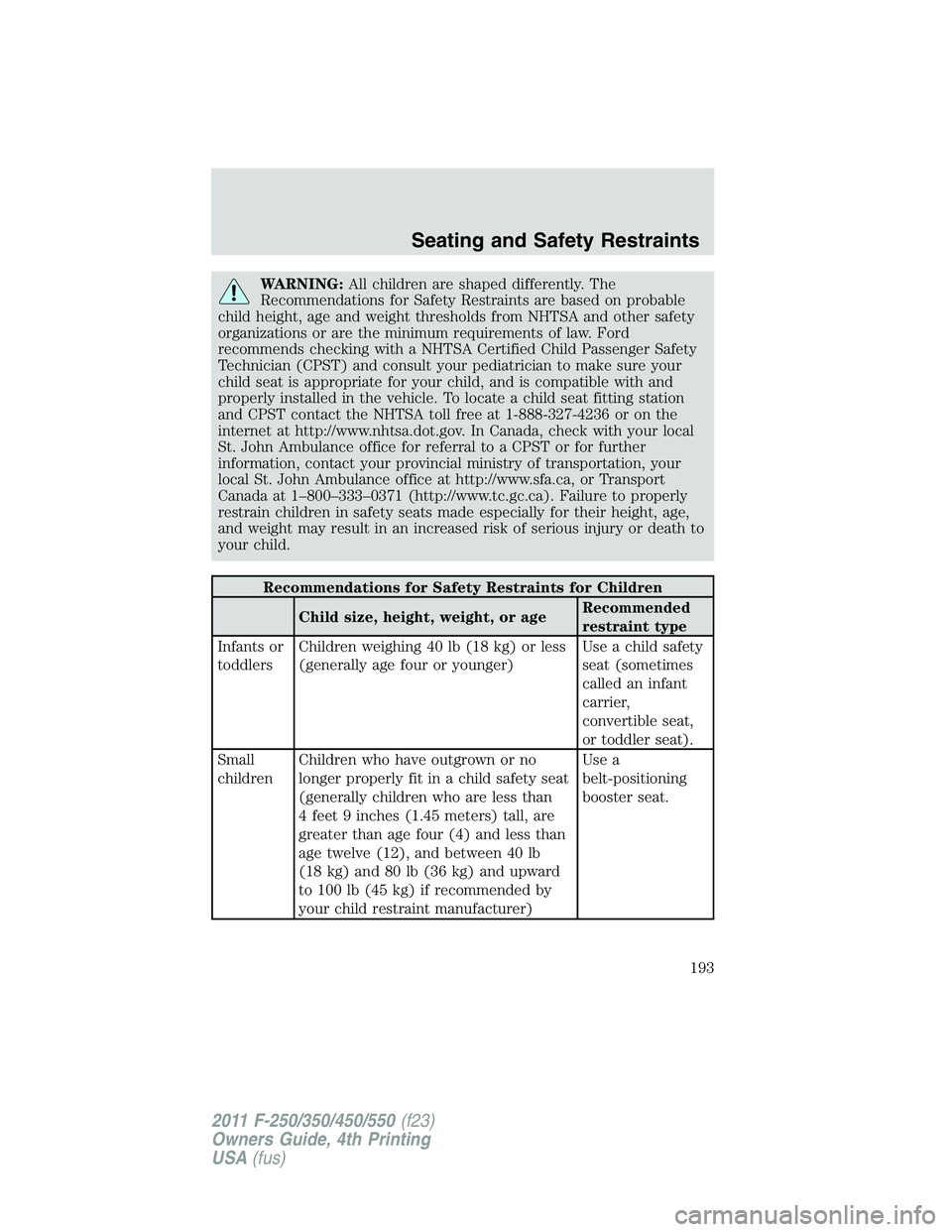 FORD F250 SUPER DUTY 2011  Owners Manual WARNING: All children are shaped differently. The
Recommendations for Safety Restraints are based on probable
child height, age and weight thresholds from NHTSA and other safety
organizations or are t