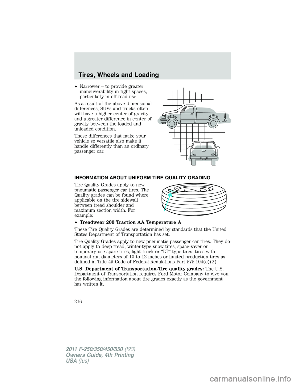 FORD F250 SUPER DUTY 2011  Owners Manual • Narrower – to provide greater
maneuverability in tight spaces,
particularly in off-road use.
As a result of the above dimensional
differences, SUVs and trucks often
will have a higher center of 