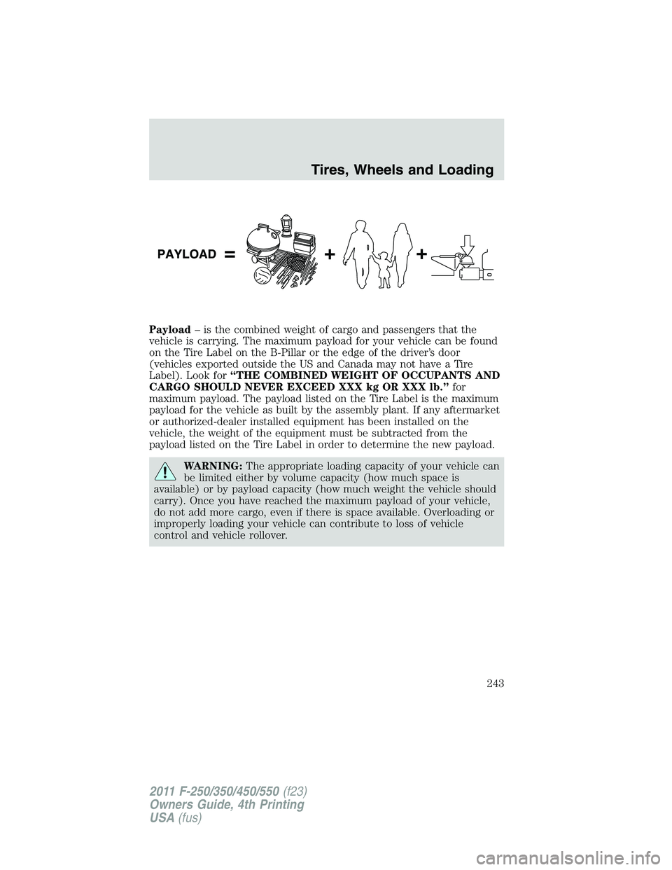 FORD F250 SUPER DUTY 2011 Owners Manual Payload – is the combined weight of cargo and passengers that the
vehicle is carrying. The maximum payload for your vehicle can be found
on the Tire Label on the B-Pillar or the edge of the driver FORD F250 SUPER DUTY 2011 Owners Manual Payload – is the combined weight of cargo and passengers that the
vehicle is carrying. The maximum payload for your vehicle can be found
on the Tire Label on the B-Pillar or the edge of the driver