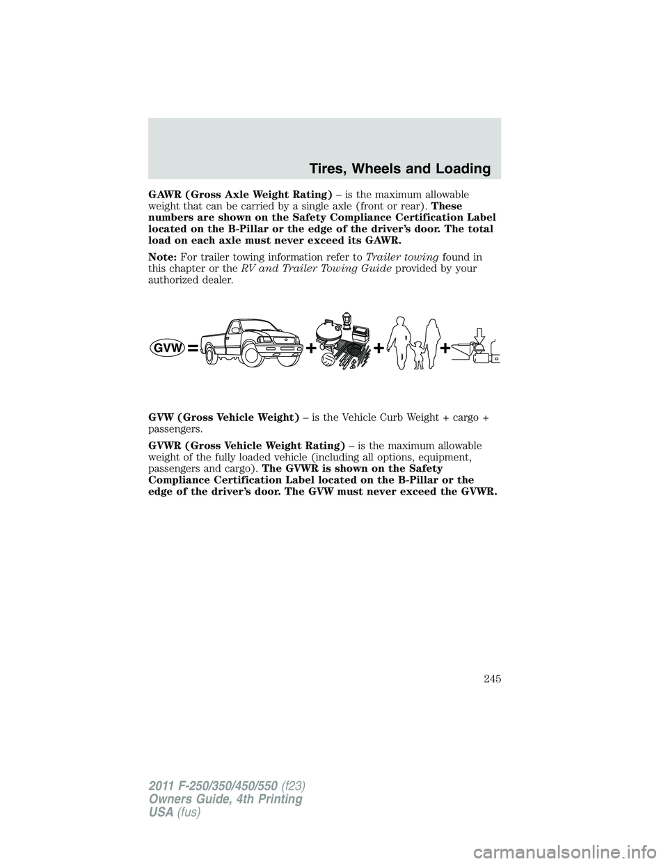 FORD F250 SUPER DUTY 2011  Owners Manual GAWR (Gross Axle Weight Rating) – is the maximum allowable
weight that can be carried by a single axle (front or rear). These
numbers are shown on the Safety Compliance Certification Label
located o
