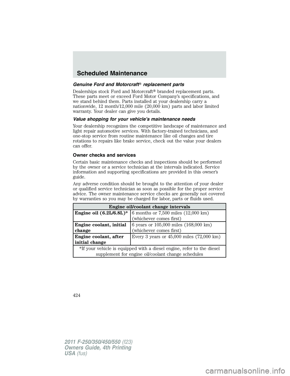 FORD F250 SUPER DUTY 2011 Owners Manual Genuine Ford and Motorcraft replacement parts
Dealerships stock Ford and Motorcraft branded replacement parts.
These parts meet or exceed Ford Motor Company’s specifications, and
we stand behind FORD F250 SUPER DUTY 2011 Owners Manual Genuine Ford and Motorcraft replacement parts
Dealerships stock Ford and Motorcraft branded replacement parts.
These parts meet or exceed Ford Motor Company’s specifications, and
we stand behind