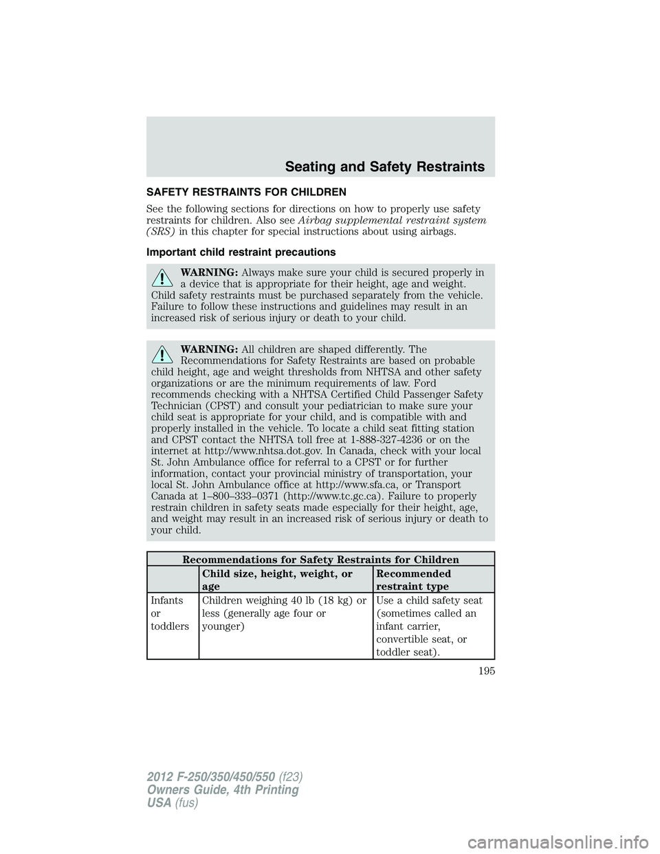 FORD F250 SUPER DUTY 2012 Owners Manual SAFETY RESTRAINTS FOR CHILDREN
See the following sections for directions on how to properly use safety
restraints for children. Also see Airbag supplemental restraint system
(SRS) in this chapter for FORD F250 SUPER DUTY 2012 Owners Manual SAFETY RESTRAINTS FOR CHILDREN
See the following sections for directions on how to properly use safety
restraints for children. Also see Airbag supplemental restraint system
(SRS) in this chapter for