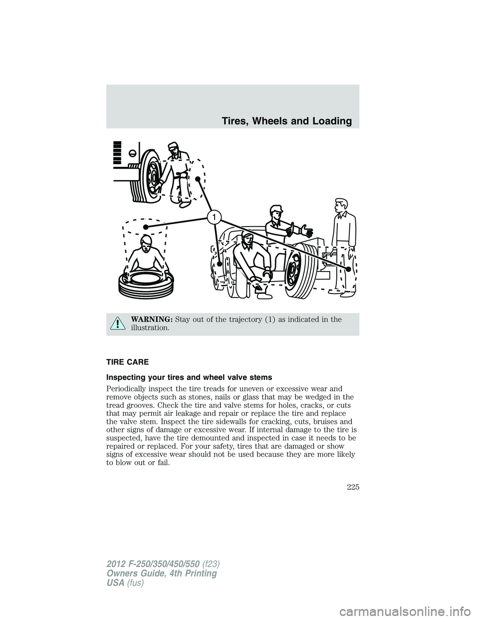 FORD F250 SUPER DUTY 2012  Owners Manual WARNING: Stay out of the trajectory (1) as indicated in the
illustration.
TIRE CARE
Inspecting your tires and wheel valve stems
Periodically inspect the tire treads for uneven or excessive wear and
re