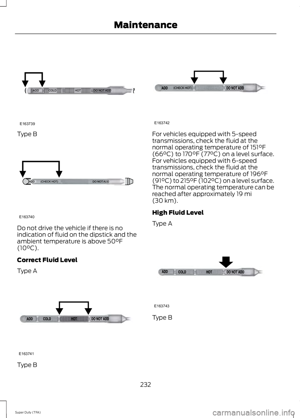 FORD F250 SUPER DUTY 2014  Owners Manual Type B
Do not drive the vehicle if there is noindication of fluid on the dipstick and theambient temperature is above 50°F(10°C).
Correct Fluid Level
Type A
Type B
For vehicles equipped with 5-speed