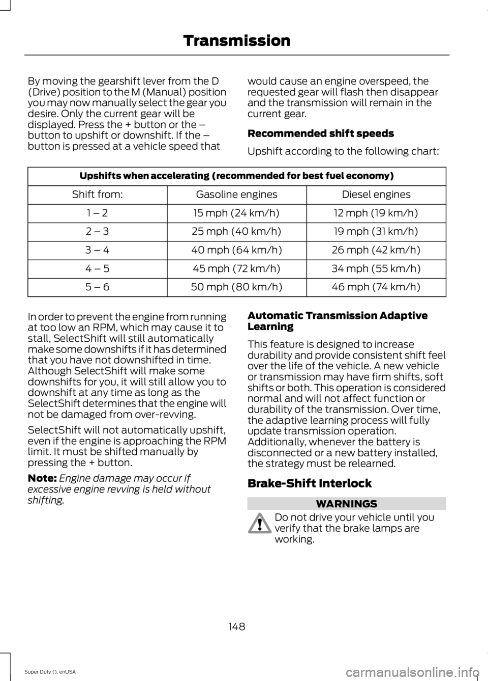 FORD F250 SUPER DUTY 2015 Owners Manual By moving the gearshift lever from the D(Drive) position to the M (Manual) positionyou may now manually select the gear youdesire. Only the current gear will bedisplayed. Press the + button or the – FORD F250 SUPER DUTY 2015 Owners Manual By moving the gearshift lever from the D(Drive) position to the M (Manual) positionyou may now manually select the gear youdesire. Only the current gear will bedisplayed. Press the + button or the –