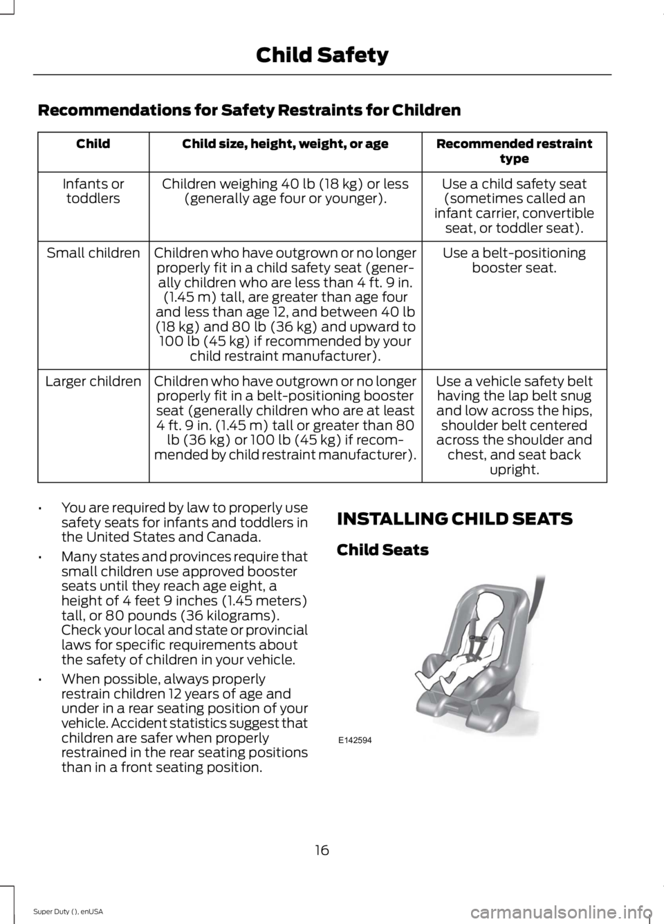 FORD F250 SUPER DUTY 2015 Owners Manual Recommendations for Safety Restraints for Children
Recommended restrainttypeChild size, height, weight, or ageChild
Use a child safety seat(sometimes called aninfant carrier, convertibleseat, or toddl FORD F250 SUPER DUTY 2015 Owners Manual Recommendations for Safety Restraints for Children
Recommended restrainttypeChild size, height, weight, or ageChild
Use a child safety seat(sometimes called aninfant carrier, convertibleseat, or toddl