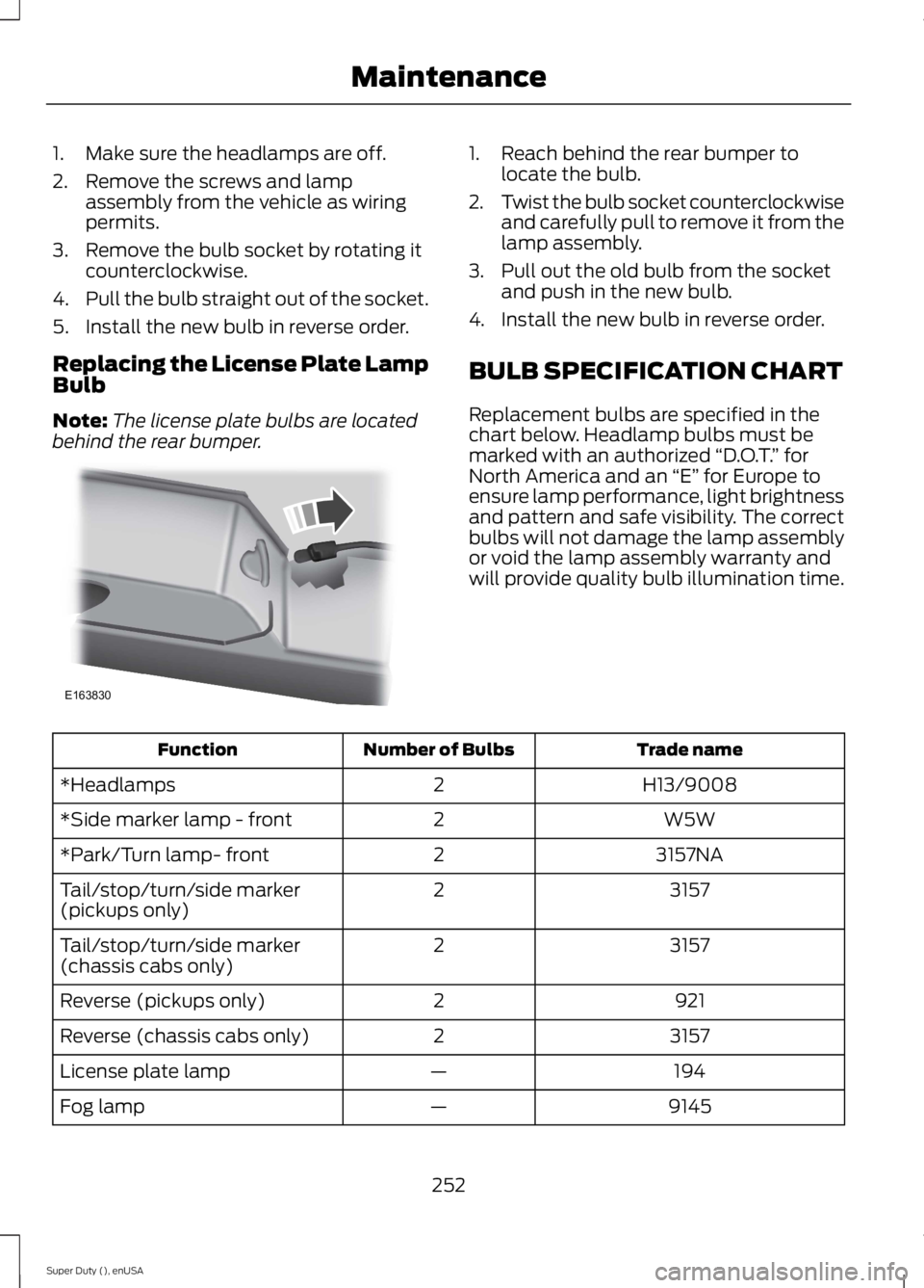 FORD F250 SUPER DUTY 2015 Owners Manual 1. Make sure the headlamps are off.
2. Remove the screws and lampassembly from the vehicle as wiringpermits.
3. Remove the bulb socket by rotating itcounterclockwise.
4.Pull the bulb straight out of t FORD F250 SUPER DUTY 2015 Owners Manual 1. Make sure the headlamps are off.
2. Remove the screws and lampassembly from the vehicle as wiringpermits.
3. Remove the bulb socket by rotating itcounterclockwise.
4.Pull the bulb straight out of t