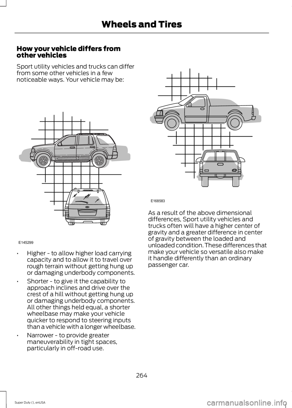 FORD F250 SUPER DUTY 2015 Owners Manual How your vehicle differs fromother vehicles
Sport utility vehicles and trucks can differfrom some other vehicles in a fewnoticeable ways. Your vehicle may be:
•Higher - to allow higher load carrying FORD F250 SUPER DUTY 2015 Owners Manual How your vehicle differs fromother vehicles
Sport utility vehicles and trucks can differfrom some other vehicles in a fewnoticeable ways. Your vehicle may be:
•Higher - to allow higher load carrying