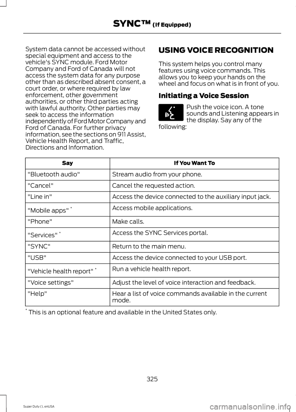 FORD F250 SUPER DUTY 2015  Owners Manual System data cannot be accessed withoutspecial equipment and access to thevehicle's SYNC module. Ford MotorCompany and Ford of Canada will notaccess the system data for any purposeother than as des