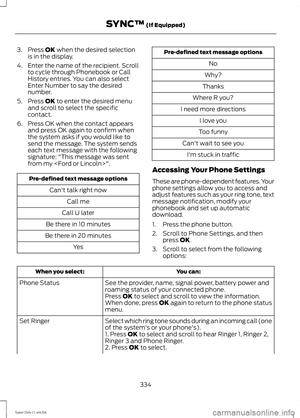 FORD F250 SUPER DUTY 2015  Owners Manual 3. Press OK when the desired selectionis in the display.
4. Enter the name of the recipient. Scrollto cycle through Phonebook or CallHistory entries. You can also selectEnter Number to say the desired