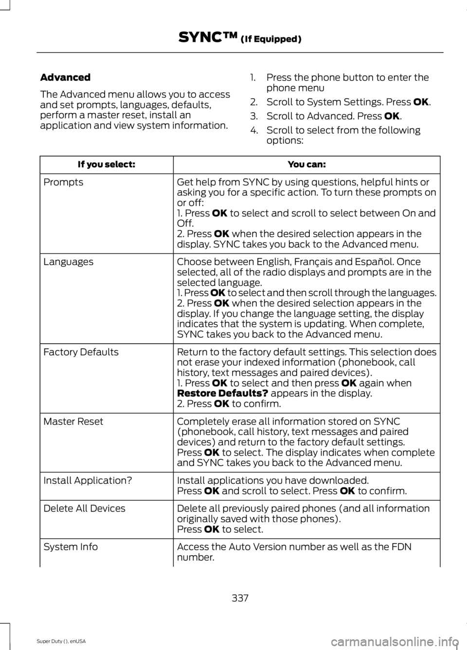 FORD F250 SUPER DUTY 2015  Owners Manual Advanced
The Advanced menu allows you to accessand set prompts, languages, defaults,perform a master reset, install anapplication and view system information.
1. Press the phone button to enter thepho
