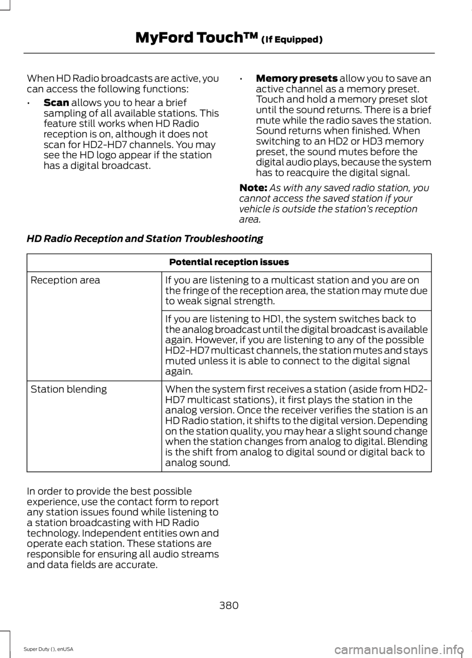 FORD F250 SUPER DUTY 2015 Owners Manual When HD Radio broadcasts are active, youcan access the following functions:
•Scan allows you to hear a briefsampling of all available stations. Thisfeature still works when HD Radioreception is on, FORD F250 SUPER DUTY 2015 Owners Manual When HD Radio broadcasts are active, youcan access the following functions:
•Scan allows you to hear a briefsampling of all available stations. Thisfeature still works when HD Radioreception is on,