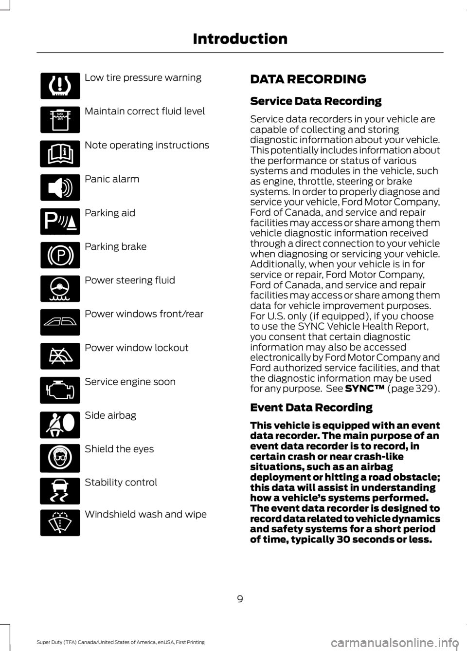 FORD F250 SUPER DUTY 2016 Owners Manual Low tire pressure warning
Maintain correct fluid level
Note operating instructions
Panic alarm
Parking aid
Parking brake
Power steering fluid
Power windows front/rear
Power window lockout
Service engi FORD F250 SUPER DUTY 2016 Owners Manual Low tire pressure warning
Maintain correct fluid level
Note operating instructions
Panic alarm
Parking aid
Parking brake
Power steering fluid
Power windows front/rear
Power window lockout
Service engi
