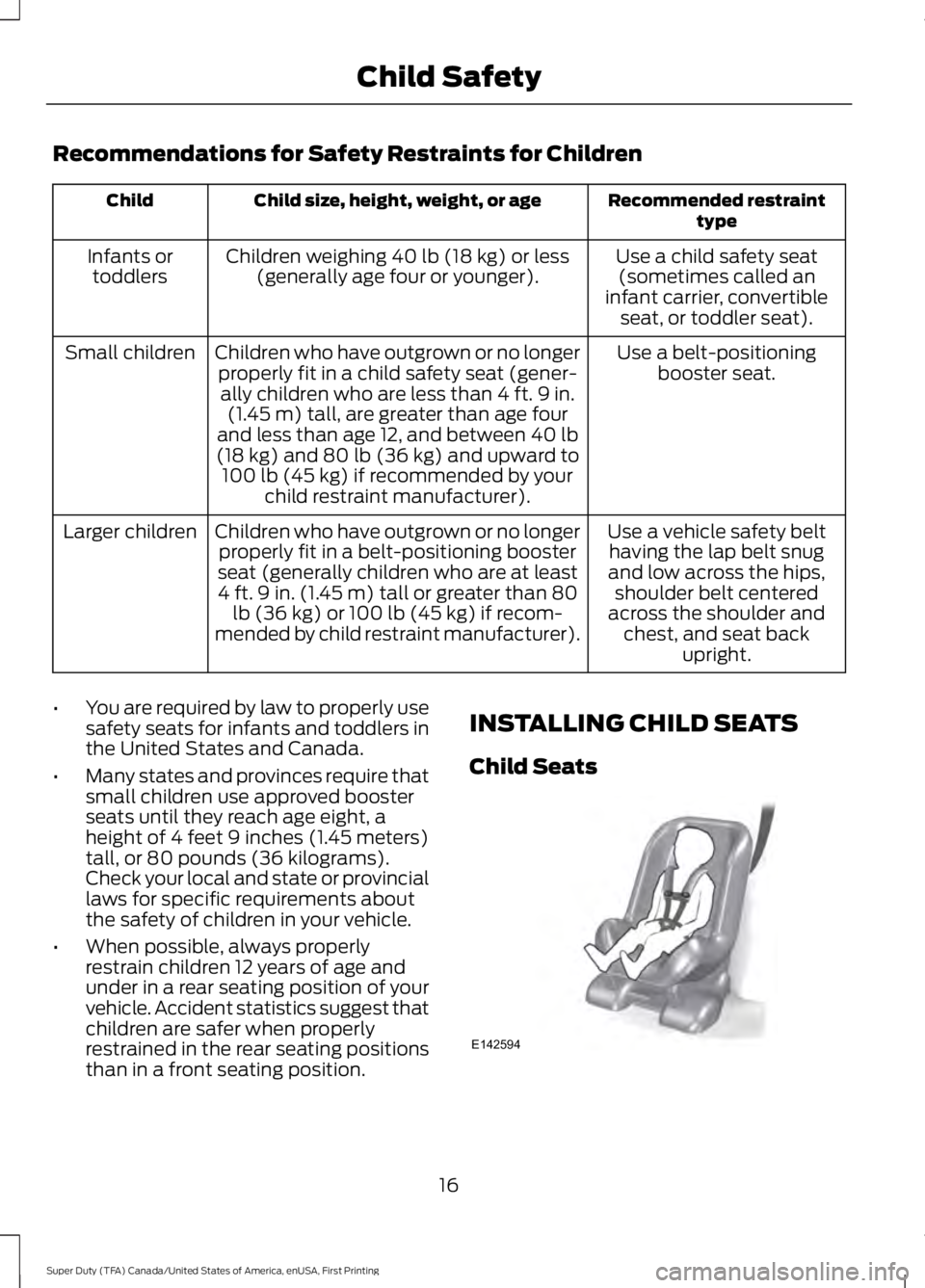 FORD F250 SUPER DUTY 2016 Owners Manual Recommendations for Safety Restraints for Children
Recommended restrainttypeChild size, height, weight, or ageChild
Use a child safety seat(sometimes called aninfant carrier, convertibleseat, or toddl FORD F250 SUPER DUTY 2016 Owners Manual Recommendations for Safety Restraints for Children
Recommended restrainttypeChild size, height, weight, or ageChild
Use a child safety seat(sometimes called aninfant carrier, convertibleseat, or toddl
