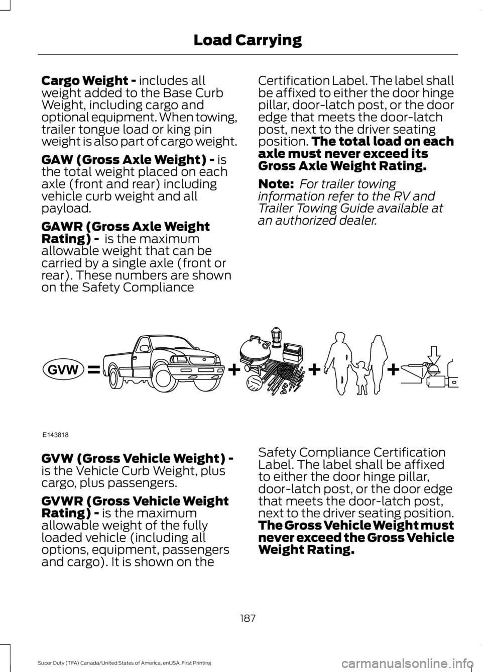FORD F250 SUPER DUTY 2016 Owners Manual Cargo Weight - includes allweight added to the Base CurbWeight, including cargo andoptional equipment. When towing,trailer tongue load or king pinweight is also part of cargo weight.
GAW (Gross Axle W FORD F250 SUPER DUTY 2016 Owners Manual Cargo Weight - includes allweight added to the Base CurbWeight, including cargo andoptional equipment. When towing,trailer tongue load or king pinweight is also part of cargo weight.
GAW (Gross Axle W