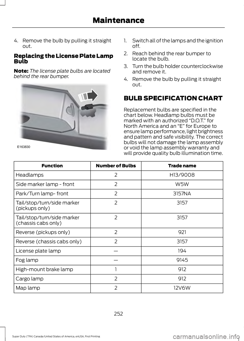 FORD F250 SUPER DUTY 2016 Owners Manual 4. Remove the bulb by pulling it straightout.
Replacing the License Plate LampBulb
Note:The license plate bulbs are locatedbehind the rear bumper.
1.Switch all of the lamps and the ignitionoff.
2. Rea FORD F250 SUPER DUTY 2016 Owners Manual 4. Remove the bulb by pulling it straightout.
Replacing the License Plate LampBulb
Note:The license plate bulbs are locatedbehind the rear bumper.
1.Switch all of the lamps and the ignitionoff.
2. Rea