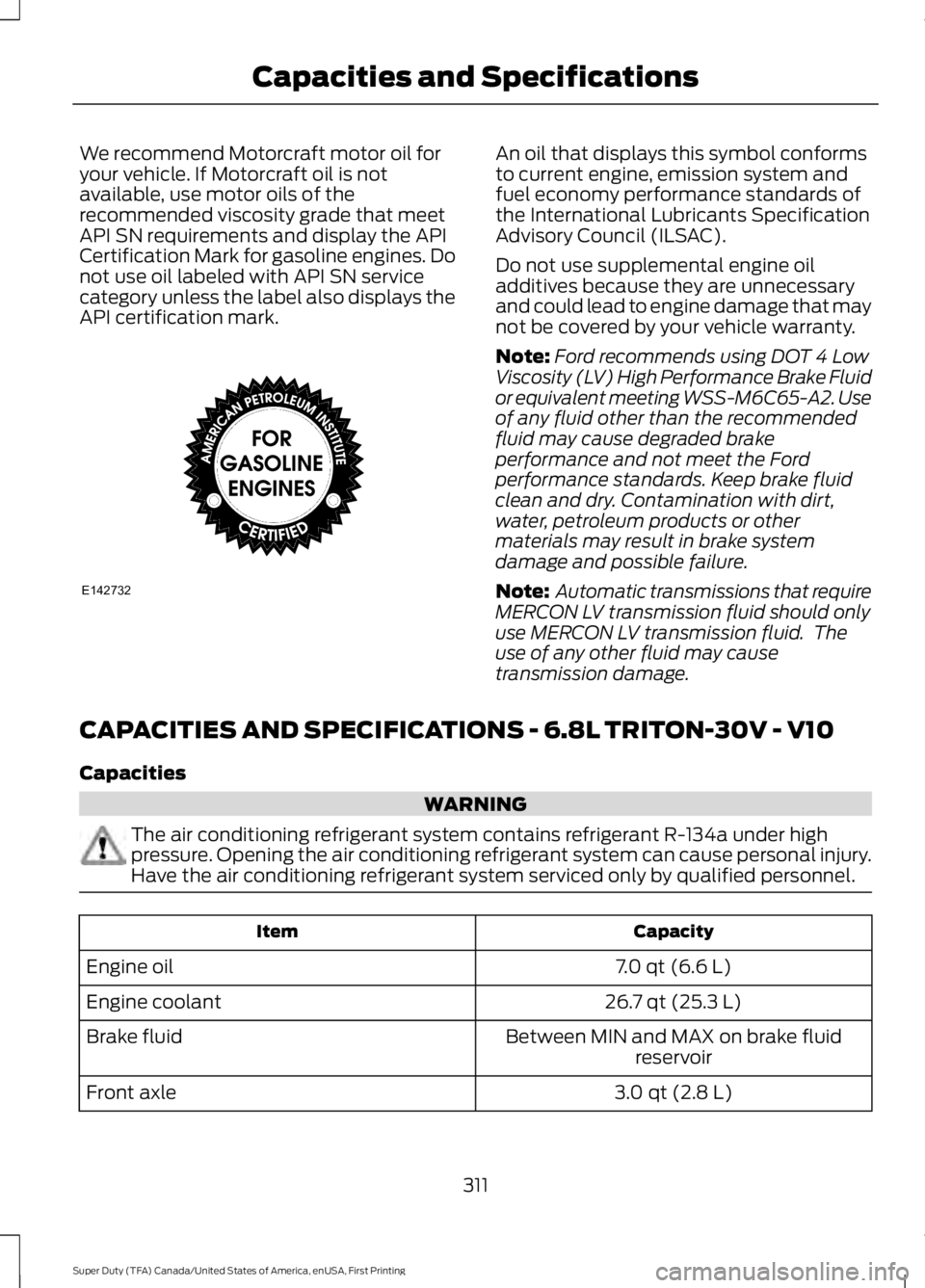 FORD F250 SUPER DUTY 2016 Owners Manual We recommend Motorcraft motor oil foryour vehicle. If Motorcraft oil is notavailable, use motor oils of therecommended viscosity grade that meetAPI SN requirements and display the APICertification Mar FORD F250 SUPER DUTY 2016 Owners Manual We recommend Motorcraft motor oil foryour vehicle. If Motorcraft oil is notavailable, use motor oils of therecommended viscosity grade that meetAPI SN requirements and display the APICertification Mar