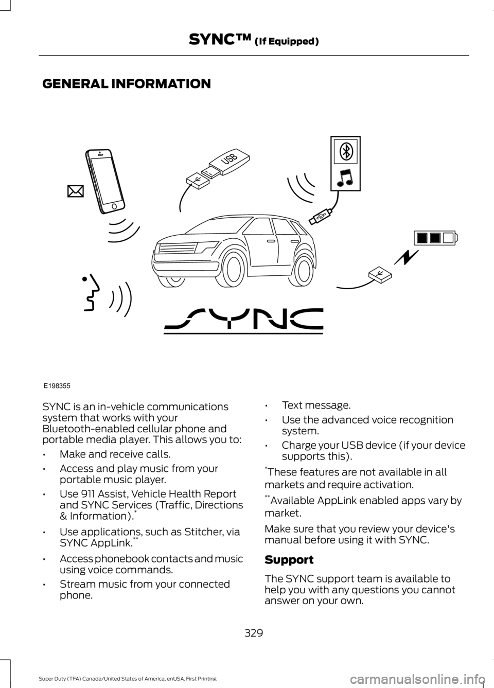 FORD F250 SUPER DUTY 2016 Owners Manual GENERAL INFORMATION
SYNC is an in-vehicle communicationssystem that works with yourBluetooth-enabled cellular phone andportable media player. This allows you to:
•Make and receive calls.
•Access a FORD F250 SUPER DUTY 2016 Owners Manual GENERAL INFORMATION
SYNC is an in-vehicle communicationssystem that works with yourBluetooth-enabled cellular phone andportable media player. This allows you to:
•Make and receive calls.
•Access a