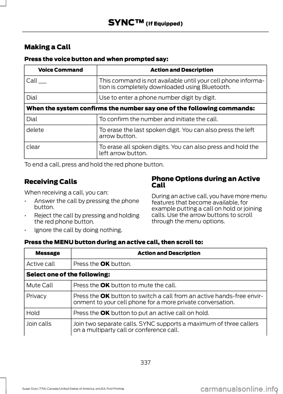 FORD F250 SUPER DUTY 2016 Owners Manual Making a Call
Press the voice button and when prompted say:
Action and DescriptionVoice Command
This command is not available until your cell phone informa-tion is completely downloaded using Bluetoot FORD F250 SUPER DUTY 2016 Owners Manual Making a Call
Press the voice button and when prompted say:
Action and DescriptionVoice Command
This command is not available until your cell phone informa-tion is completely downloaded using Bluetoot