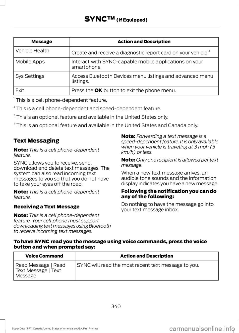 FORD F250 SUPER DUTY 2016 Owners Manual Action and DescriptionMessage
Create and receive a diagnostic report card on your vehicle.3Vehicle Health
Interact with SYNC-capable mobile applications on yoursmartphone.Mobile Apps
Access Bluetooth FORD F250 SUPER DUTY 2016 Owners Manual Action and DescriptionMessage
Create and receive a diagnostic report card on your vehicle.3Vehicle Health
Interact with SYNC-capable mobile applications on yoursmartphone.Mobile Apps
Access Bluetooth