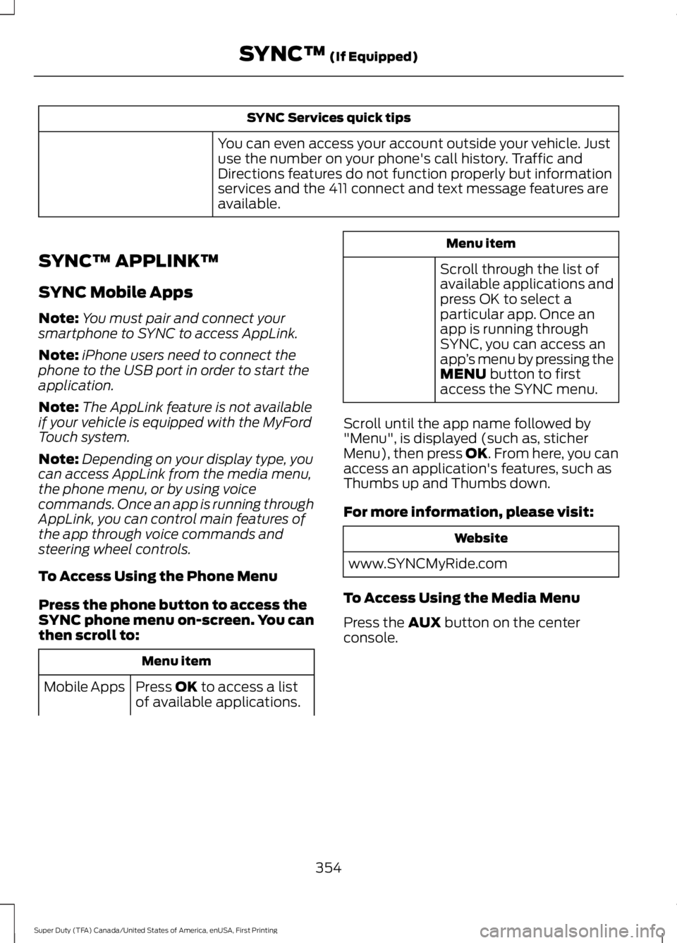 FORD F250 SUPER DUTY 2016 Owners Manual SYNC Services quick tips
You can even access your account outside your vehicle. Justuse the number on your phone's call history. Traffic andDirections features do not function properly but informa FORD F250 SUPER DUTY 2016 Owners Manual SYNC Services quick tips
You can even access your account outside your vehicle. Justuse the number on your phone's call history. Traffic andDirections features do not function properly but informa