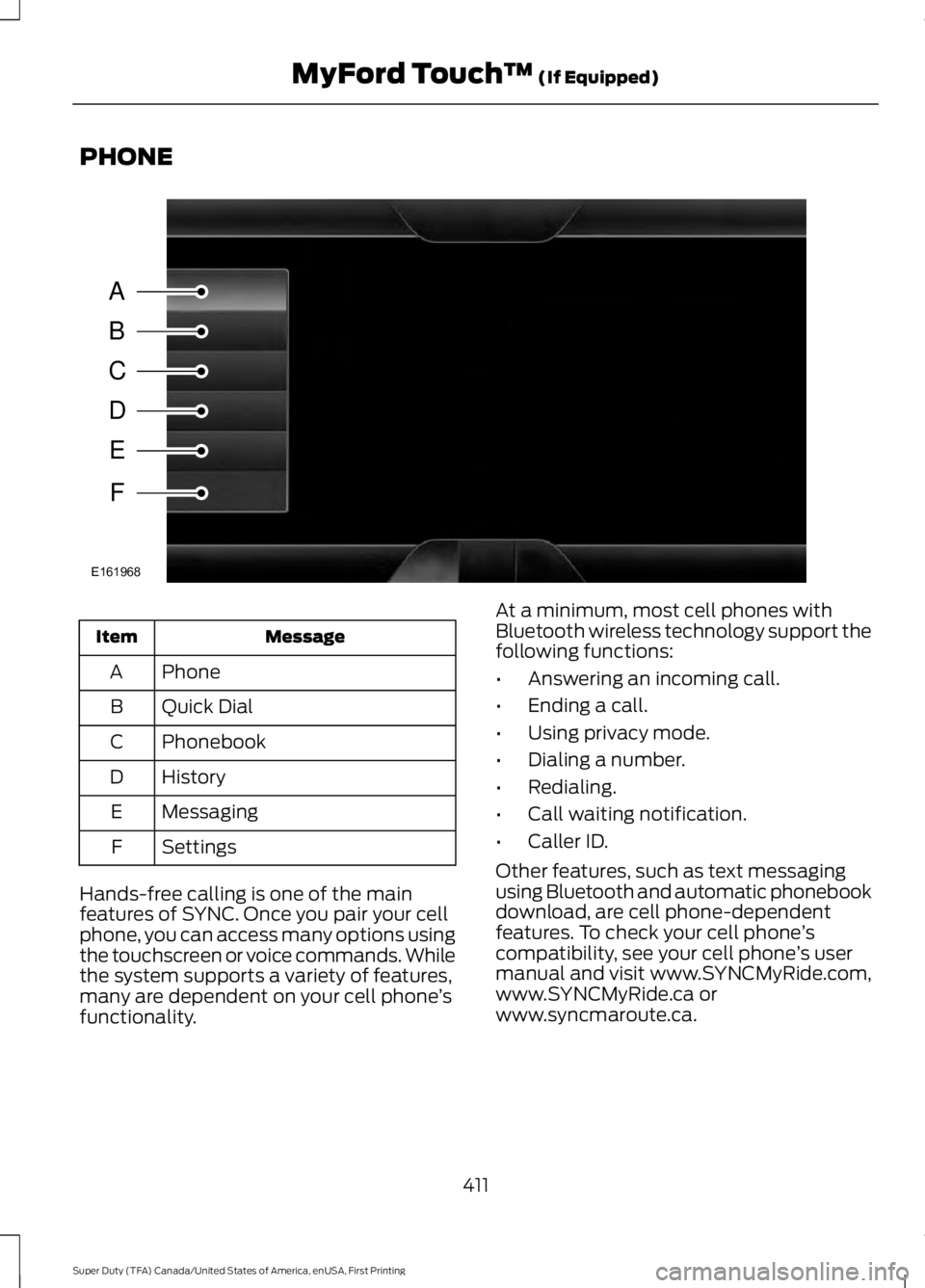 FORD F250 SUPER DUTY 2016  Owners Manual PHONE
MessageItem
PhoneA
Quick DialB
PhonebookC
HistoryD
MessagingE
SettingsF
Hands-free calling is one of the mainfeatures of SYNC. Once you pair your cellphone, you can access many options usingthe 